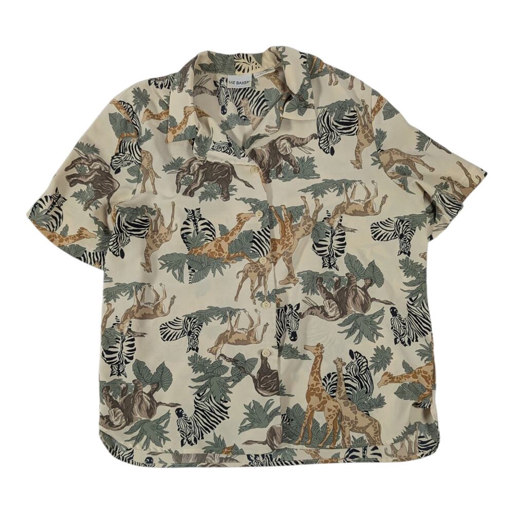 Vtg 1990s Liz Baker Ivory Animal Safari Print Button Up Short Sleeve Top Sz 8 M